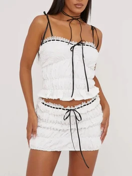 Женские юбочные наряды из 2 предметов, без рукавов, с кружевной отделкой, на завязках, камзол, белая мини-юбка, комплект