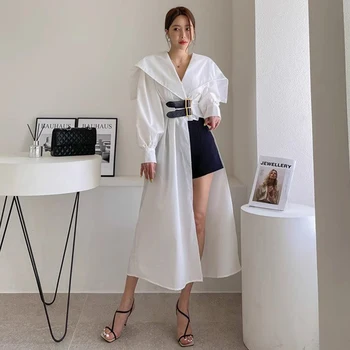 Суперское Корейское шикарное осеннее элегантное платье-рубашка с отложным воротником и двойным разрезом, длинное платье-рубашка трапециевидной формы