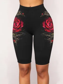 Модные леггинсы с принтом Черной Розы, женские спортивные штаны для йоги с высокой эластичной талией, Летние Короткие леггинсы размера Плюс 5XL
