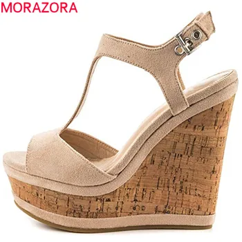 MORAZORA 2021, новое поступление, женские сандалии, летняя обувь с открытым носком и пряжкой, однотонные цвета, удобные туфли на танкетке и платформе.