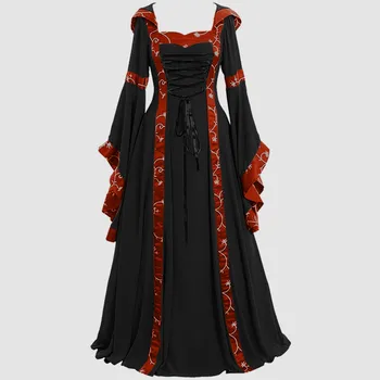 Женское платье в стиле ретро, однотонное платье принцессы с длинным рукавом-трубой, косплей, винтажная длина в пол, Средневековая Женская готика