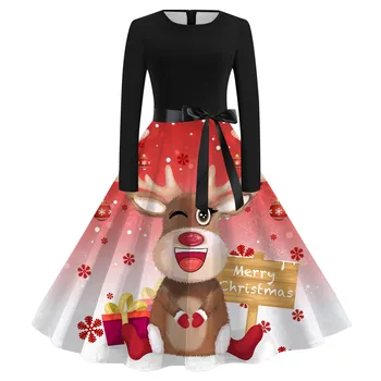 2023 Зимние Рождественские платья, Женский халат, Винтажный принт, Качели, рождественские костюмы, вечернее платье с длинным рукавом, Элегантные Vestidos