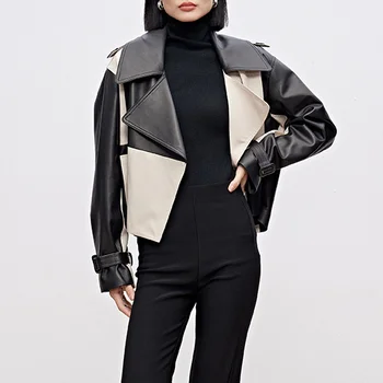 Пальто из натуральной кожи, осень/зима, новый уличный мотоциклетный стиль, полностью кожаная черно-белая шахматная панель из овчины