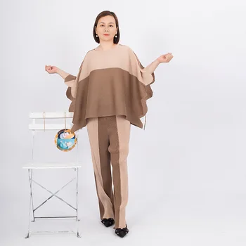 Miyake Плиссированный Женский Модный костюм, Одежда 2023, Новый Цветной блок, Рукава 