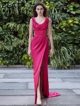 Женское модное вечернее платье DEAT с драпировкой в виде 3D цветка, с разрезом, с высокой талией, однотонные сексуальные платья, Весна 2024, Новинка 13DB4705