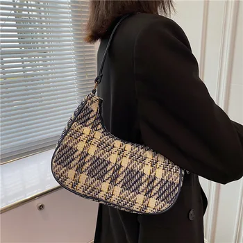 Женская сумка в клетку, новая сумка через плечо в виде полумесяца из искусственной кожи, модные простые сумки на молнии чистого цвета для женщин 2022