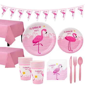 Flamingo Party Набор Одноразовой Посуды Бумажные Тарелки Салфетки Гавайский Девичник Luau Свадьба День Рождения Декор Aloha