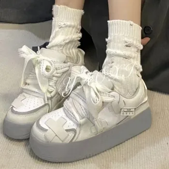 Корейская обувь, женские спортивные кроссовки на платформе, повседневные Теннисные женские массивные туфли на плоской подошве, винтажная вулканизированная обувь Harajuku, модная обувь