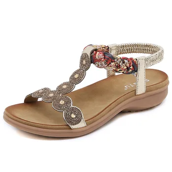 Бренд SIKETU/ женские босоножки на танкетке в богемном стиле Со стразами, вязаная пляжная нарядная обувь на платформе с Т-образным ремешком, эластичная лента цвета Шампанского