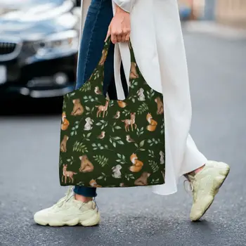 Сумка для покупок с рисунком медведя и лисы AKawaii, эстетичная дорожная сумка из полиэстера с принтом лесных животных, женские подарочные сумки