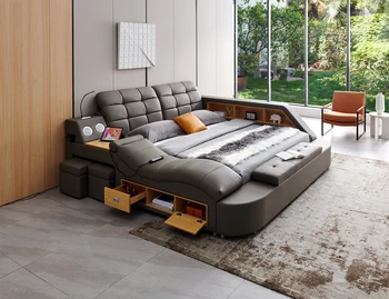 Многофункциональный каркас кровати с мягкой обивкой, массажный шезлонг слева, King Size, серый