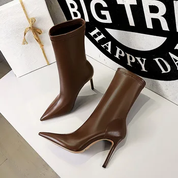 Bigtree/ Весна 2024, высококачественные сапоги из мягкой искусственной кожи, женские туфли-лодочки с острым носком на каблуке, модная женская обувь для вечеринок, Размер 34-40