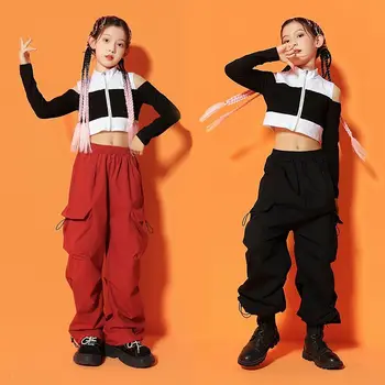 Лоскутный топ на молнии с открытыми плечами для девочек в стиле хип-хоп, Красные брюки-карго, Комплекты уличной одежды, Детский уличный танцевальный джазовый костюм