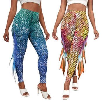 Женский костюм с леггинсами русалки, узкие брюки с 3D принтом, сексуальные брюки в чешую Русалки для косплея, брюки