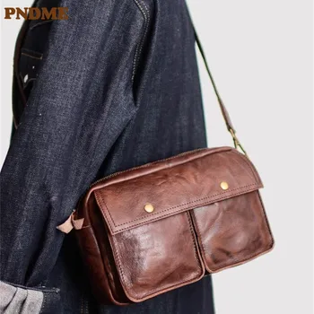 PNDME повседневная винтажная высококачественная мужская сумка через плечо из натуральной кожи для путешествий на открытом воздухе дизайнерская модная сумка через плечо из натуральной воловьей кожи