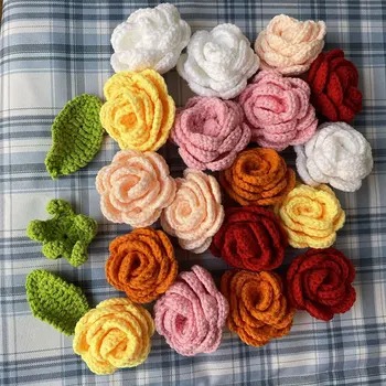 Ручное вязание крючком цветов DIY Вязаная цветочная головка Искусственная роза для шитья одежды Домашний тканый цветок