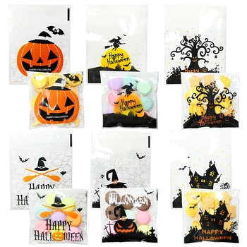 100шт мешочков для конфет на Хэллоуин, 6 стилей, самоклеящаяся прозрачная подарочная упаковка для угощений на Хэллоуин для праздничных принадлежностей на Хэллоуин