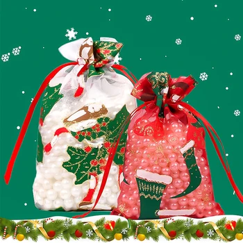 5шт Подарочные Пакеты На Шнурке Из Органзы Рождественский Снеговик Лось Санта Клаус Рождественская Елка Снежинка Упаковка Конфет Печенье Упаковка Шоколада