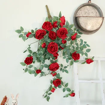 Искусственные цветы Шелковая роза настенная имитация цветка поддельное зеленое растение украшение гостиной дома светло-розовые розы из ротанга