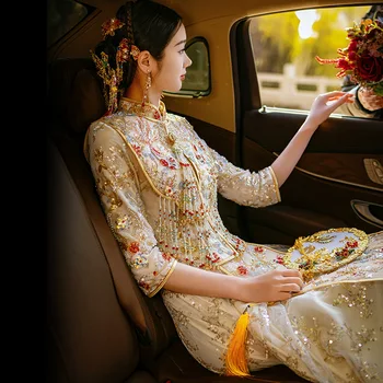 Платье Xiuhe цвета Шампанского и золота 2023, Новинка, китайский костюм эпохи Тан, Темпераментный костюм, Свежее Свадебное Верхнее платье, Легкая Роскошная одежда