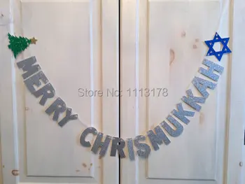дешевый Баннер Merry Chrismukkah - Реквизит для фотосессии на Рождественскую Хануку / Украшение Рождественская гирлянда