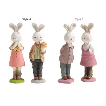 2 Фигурки кролика Пасхальной пары, Пасхальный декор, Мультяшная креативная статуэтка кролика из смолы для патио, гостиной, книжной полки, стола, шкафа
