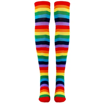 Красочные носки в радужную полоску выше колена, полосатый костюм клоуна, высокие чулки для вечеринок в цирке на Хэллоуин, косплей