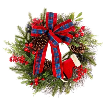 Рождественский венок из искусственной сосны с красной лентой и коньками для праздников, диаметр 24 дюйма