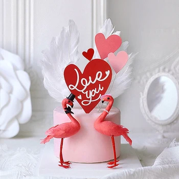 Топпер для торта с фламинго, Письмо с сердечком, День Святого Валентина, Свадебная вечеринка, украшение торта, Выпечка с фламинго, Декор десерта.