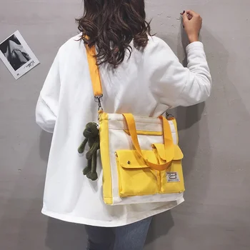 Женская парусиновая сумка с двойным карманом, модный тренд, сумка-мессенджер на одно плечо с крышкой и застежкой-молнией, студенческая сумка для обучения