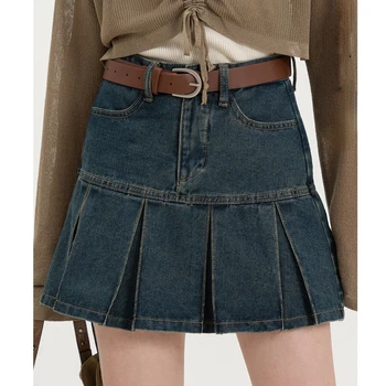 Джинсовая юбка Y2k для женщин, летняя модная мини-юбка в корейском стиле для девочек в стиле харадзюку, винтажная повседневная плиссированная юбка с коротким карманом, 2023 г.