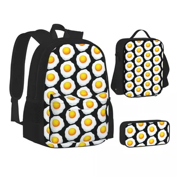 Рюкзаки с жареным яйцом Для мальчиков и девочек, сумка для книг, школьные сумки для студентов, мультяшный детский рюкзак, сумка для ланча, сумка для ручек, набор из трех предметов