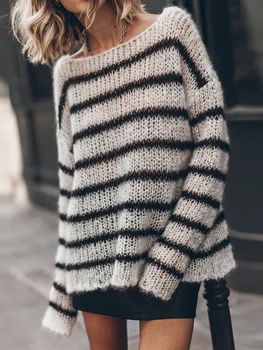 Женский осенне-зимний свитер свободной вязки, пуловеры в полоску с вырезами, длинным рукавом и открытой спиной