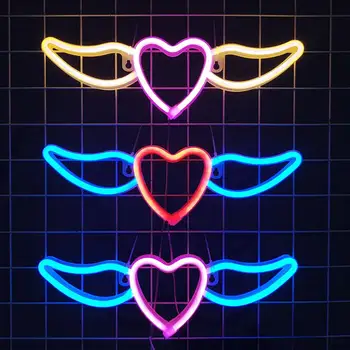 Дизайн неоновых крыльев с летающим сердцем Креативной формы Неоновая вывеска со светодиодной лампой с питанием от USB/ аккумулятора Украшение вечеринки
