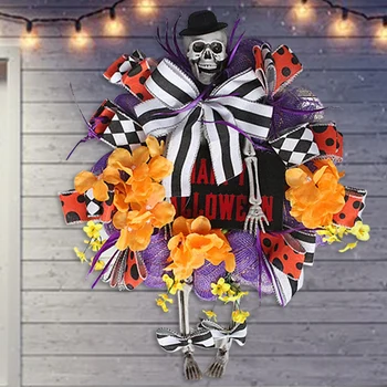 Венок для входной двери, сетчатый венок на Хэллоуин, Пумкин и человеческий скелет с ногами, Забавный декор крыльца на Хэллоуин