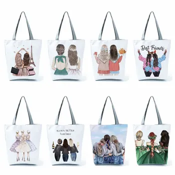 Льняная сумка-тоут с принтом милых мультяшных подруг и сестер, многоразовые сумки через плечо, складные женские повседневные сумки, красивые сумки для девочек