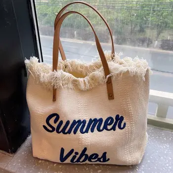 Романтическая сумка с кисточкой на одно плечо, модная Летняя холщовая сумка с надписью, Корейская простая женская сумка-тоут большой емкости