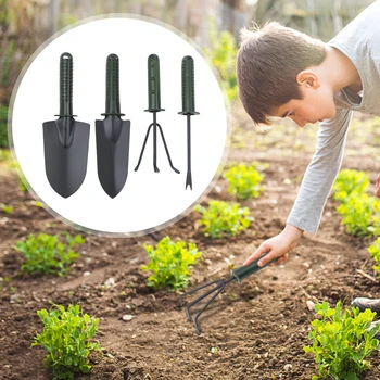 Набор садовых инструментов из 4 предметов включает лопату, грабли, заостренную лопату для посадки в саду