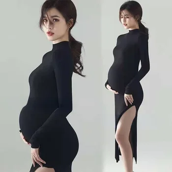 Летняя одежда для беременных Женщин, черное платье из чистого хлопка, современная трикотажная юбка, одежда для фотосессии беременных женщин