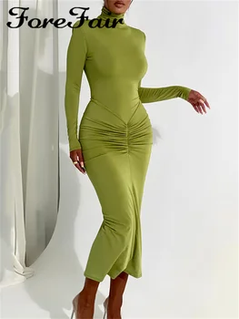 Элегантное длинное платье с полуприлегающим воротником, Однотонное Зеленое Фиолетовое платье с длинным рукавом 2023, Осенне-зимнее женское платье-труба, вечернее платье