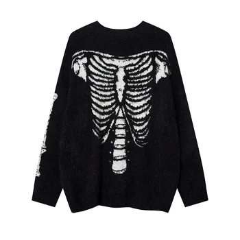 Y2k Мужской свитер оверсайз, черный пуловер в стиле хип-хоп с костями скелета, повседневные Свободные топы, вязаный свитер Унисекс, Осень