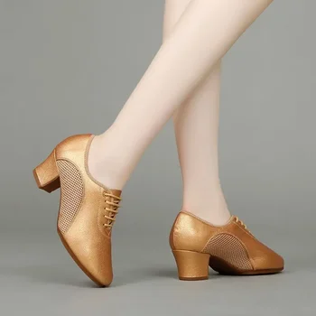 Танцевальная обувь с сетчатым переплетением, квадратная обувь для латиноамериканских танцев, мягкая износостойкая обувь для учителей, кожаные современные танцевальные кроссовки