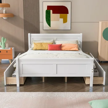 Деревянная кровать-платформа размера Queen Size с 4 выдвижными ящиками и обтекаемым изголовьем и изножьем, белая