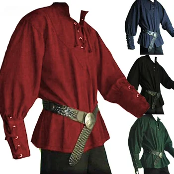 Мужская рубашка с длинным рукавом в стиле средневекового Ренессанса, бандажные топы, рубашка рыцаря-домовладельца на Хэллоуин, винтажная костюмная блузка