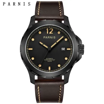 Модные мужские часы Parnis 44 мм в черном корпусе с автоматическим механическим управлением, кожаный ремешок, Календарь, светящиеся часы, подарок от топового люксового бренда 2023