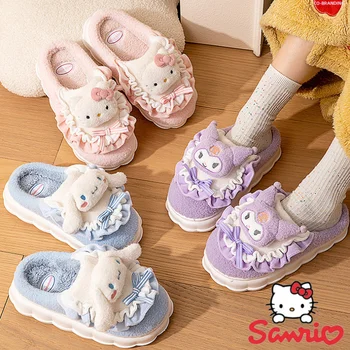 Плюшевые тапочки Sanrio Hello Kitty, мультяшные комнатные тапочки Kuromi Cinnamoroll, милые полуботинки из аниме, хлопчатобумажная обувь в подарок девушке