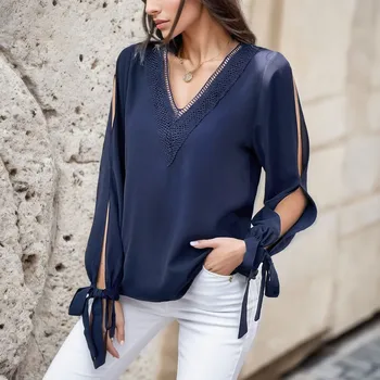 Женские повседневные свободные блузки с V-образным вырезом и длинными рукавами, топы и блузки, футболка с V-образным вырезом с рисунком