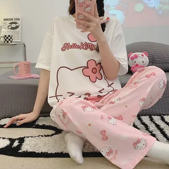 Sanrio Hello Kittys Пижама с милым мультяшным котом Kt, женские брюки с круглым вырезом и короткими рукавами, костюм для домашнего обслуживания Hellokitty, подарок