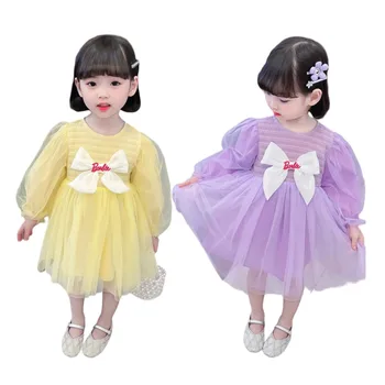 Платье принцессы аниме Барби с рисунком из мультфильма для милых девочек, сетчатая юбка с длинным рукавом и принтом, Кавайное милое платье для вечеринки на открытом воздухе на День рождения