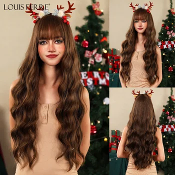 ЛУИ ФЕРРЕ Длинные натуральные волнистые коричневые синтетические парики для женщин, натуральные накладные волосы с челкой, рождественские термостойкие парики для косплея
